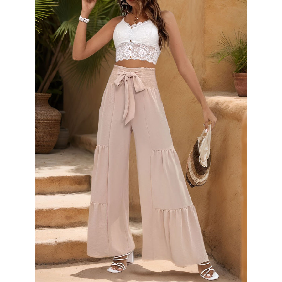 Smocked Tied High Waist Pants Apparel and Accessories