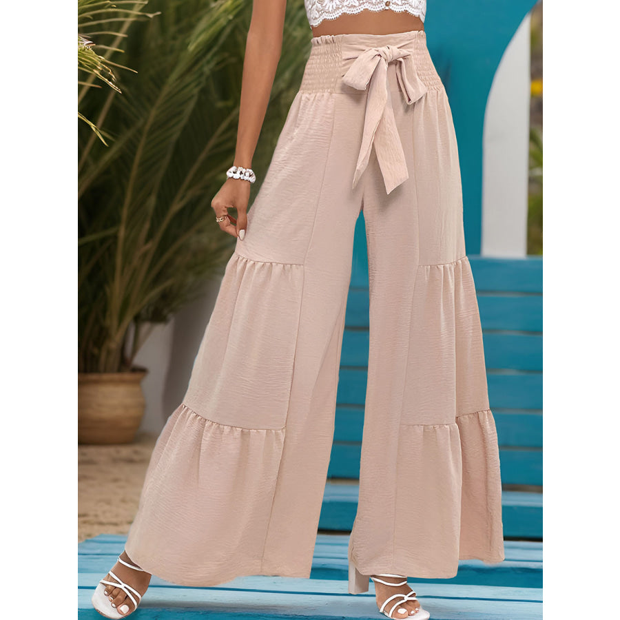 Smocked Tied High Waist Pants Apparel and Accessories