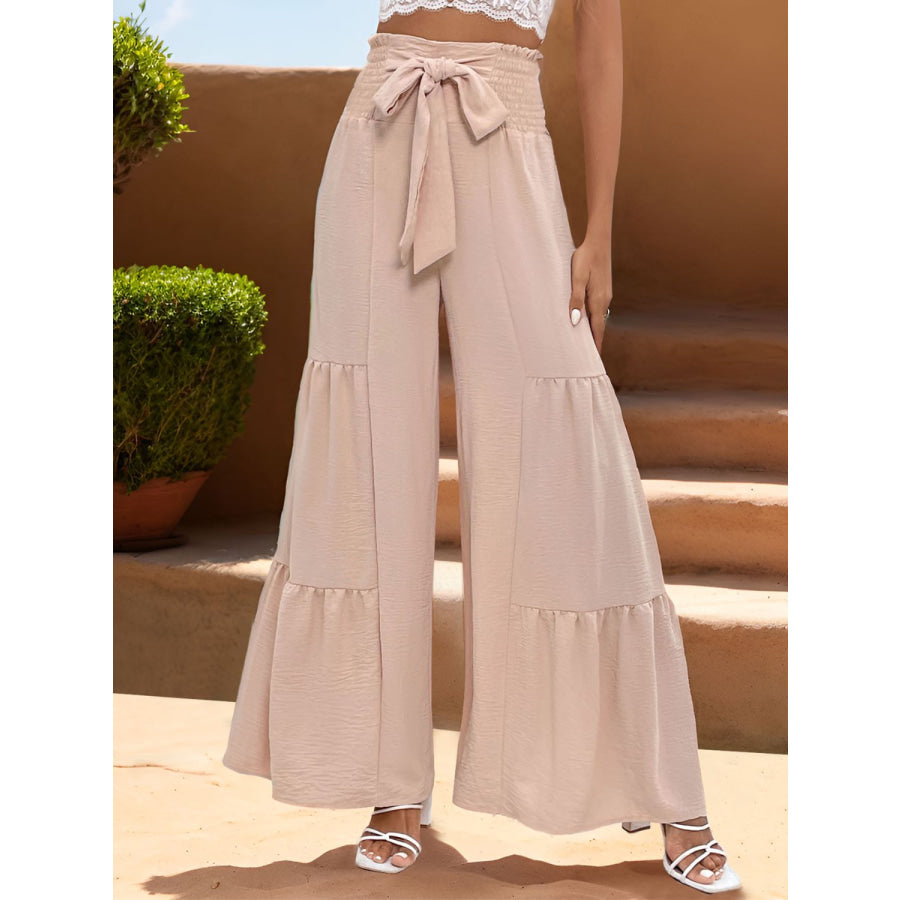 Smocked Tied High Waist Pants Apparel and Accessories