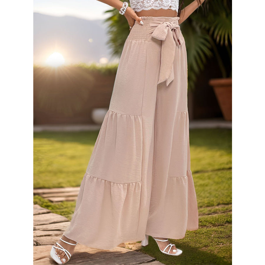 Smocked Tied High Waist Pants Dust Storm / S Apparel and Accessories