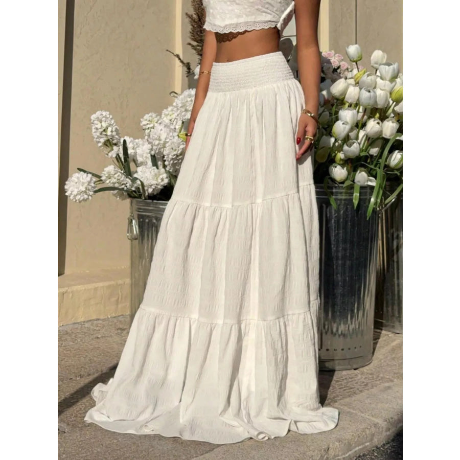 Smocked Tiered Flowy Maxi Skirt White / S Apparel and Accessories