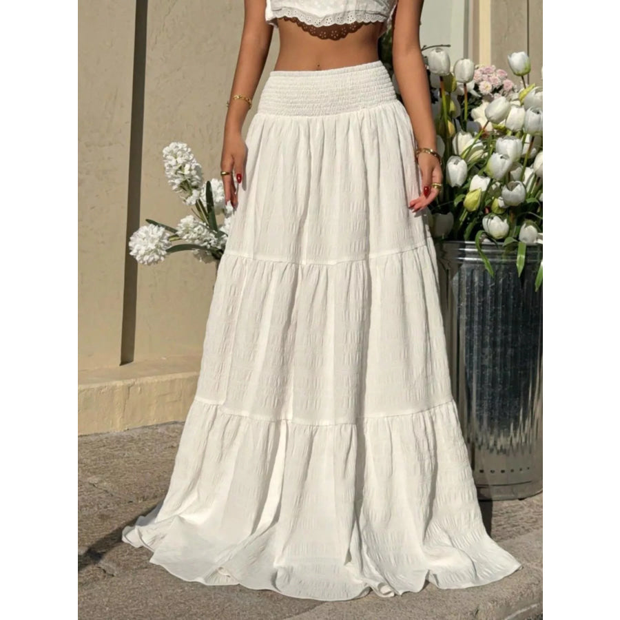 Smocked Tiered Flowy Maxi Skirt White / S Apparel and Accessories
