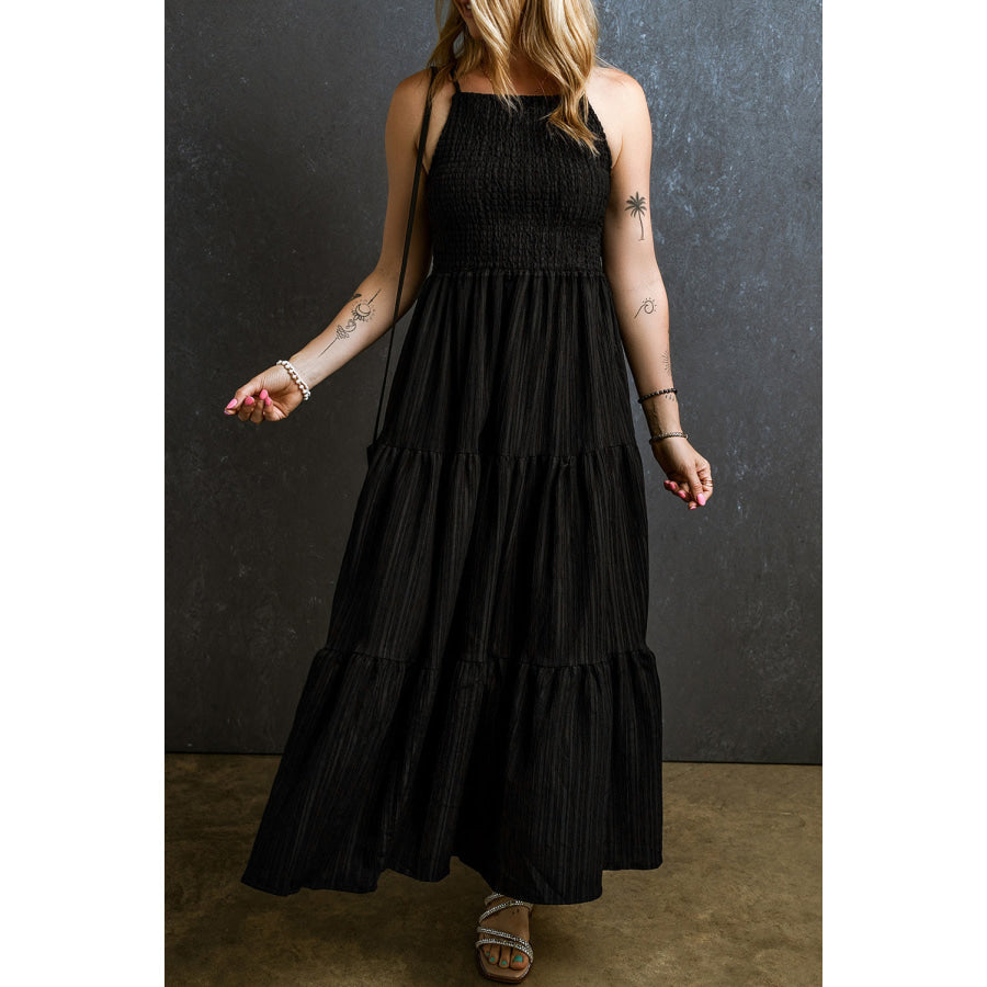 Smocked Tiered Spaghetti Strap Dress Black / S Apparel and Accessories