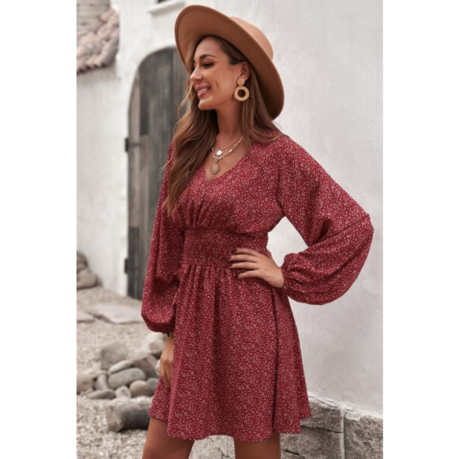 Smocked V-Neck Balloon Sleeve Dress Clothing