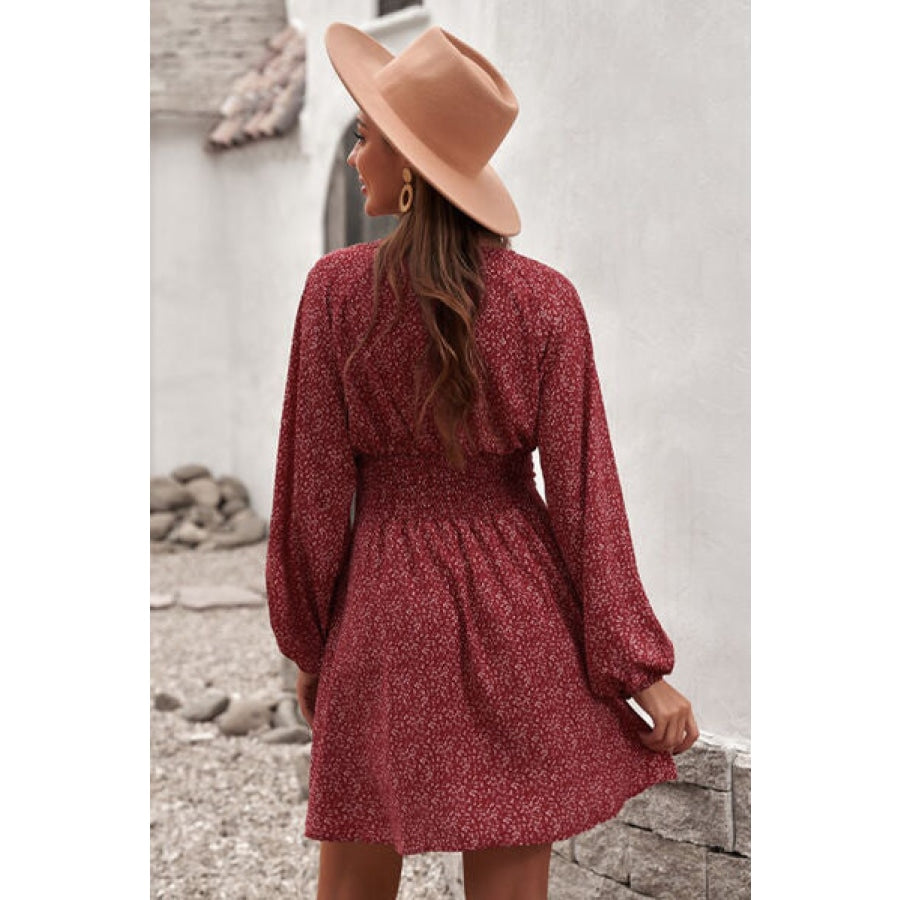 Smocked V-Neck Balloon Sleeve Dress Deep Red / S Clothing