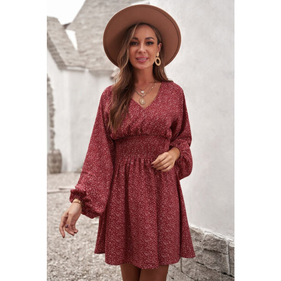 Smocked V-Neck Balloon Sleeve Dress Deep Red / S Clothing