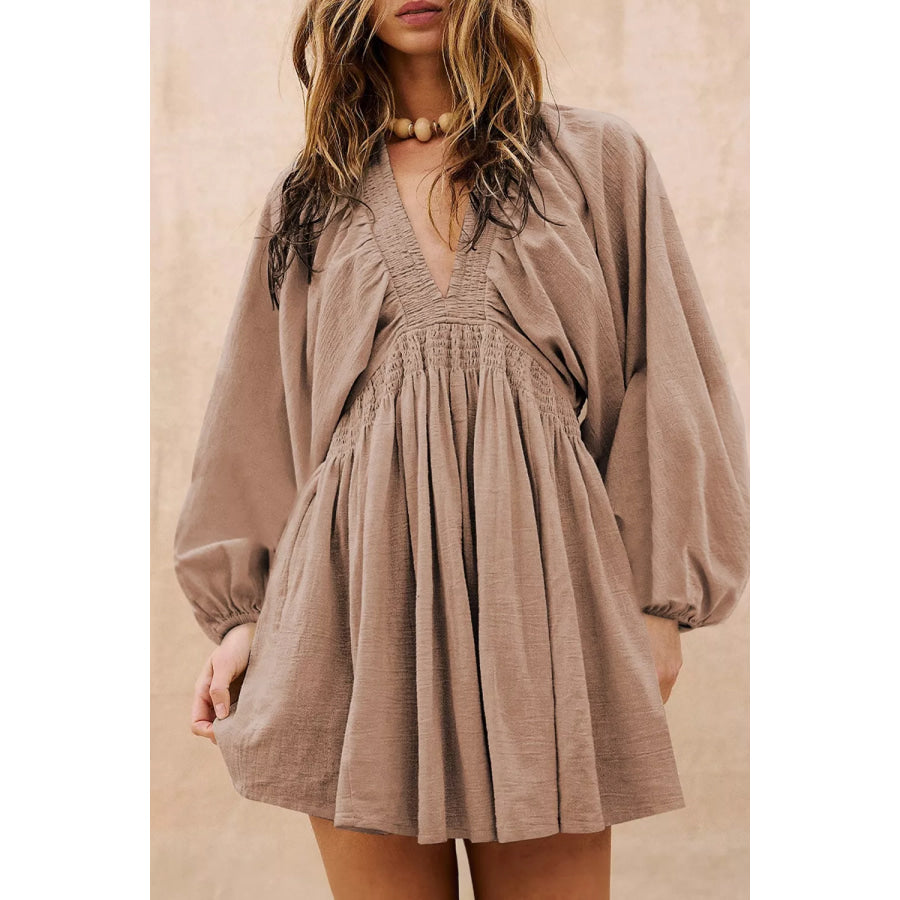 Smocked V-Neck Balloon Sleeve Dress Mocha / S Apparel and Accessories