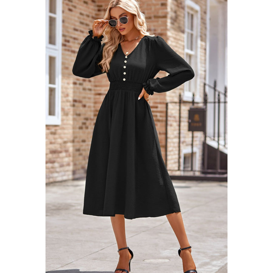 Smocked V-Neck Flounce Sleeve Midi Dress Apparel and Accessories