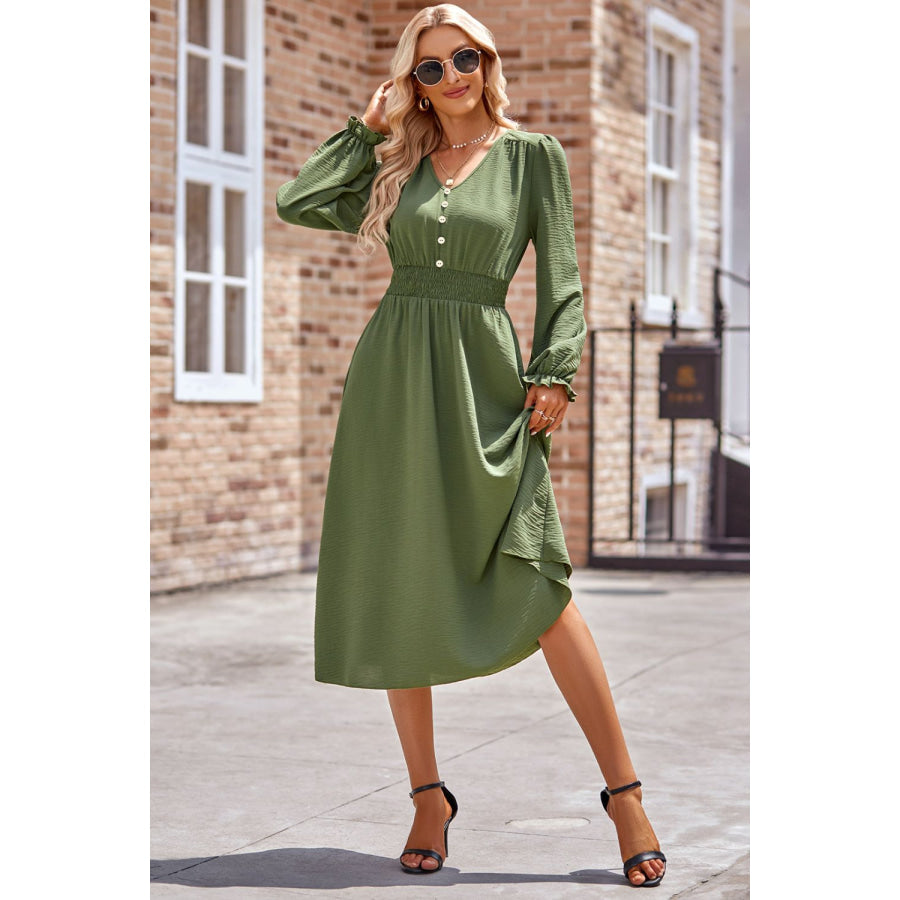 Smocked V-Neck Flounce Sleeve Midi Dress Apparel and Accessories