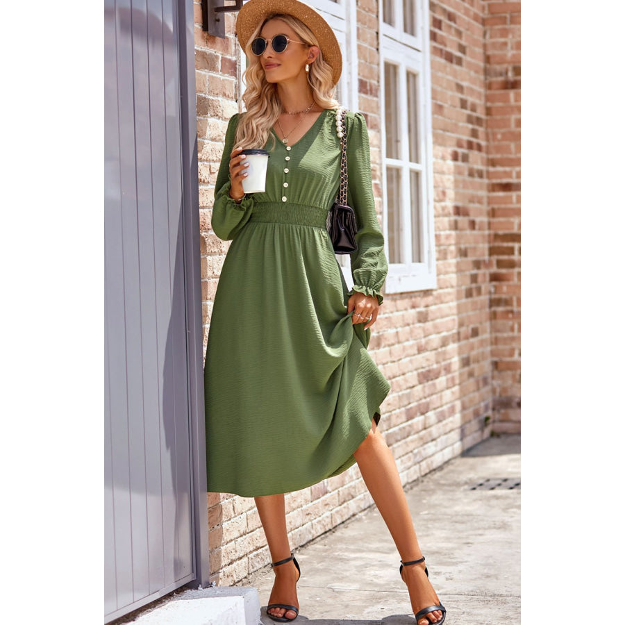 Smocked V-Neck Flounce Sleeve Midi Dress Apparel and Accessories