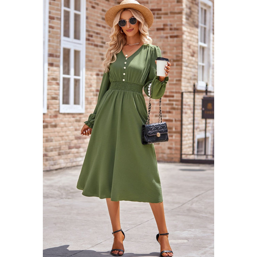 Smocked V-Neck Flounce Sleeve Midi Dress Apparel and Accessories