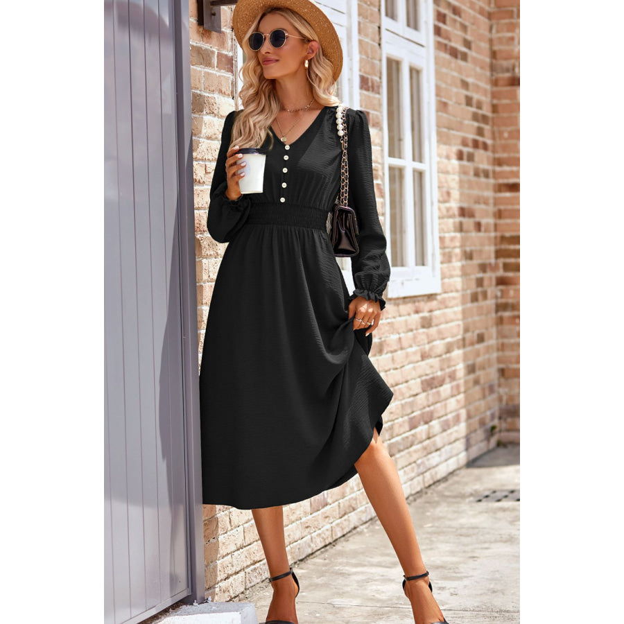 Smocked V-Neck Flounce Sleeve Midi Dress Apparel and Accessories