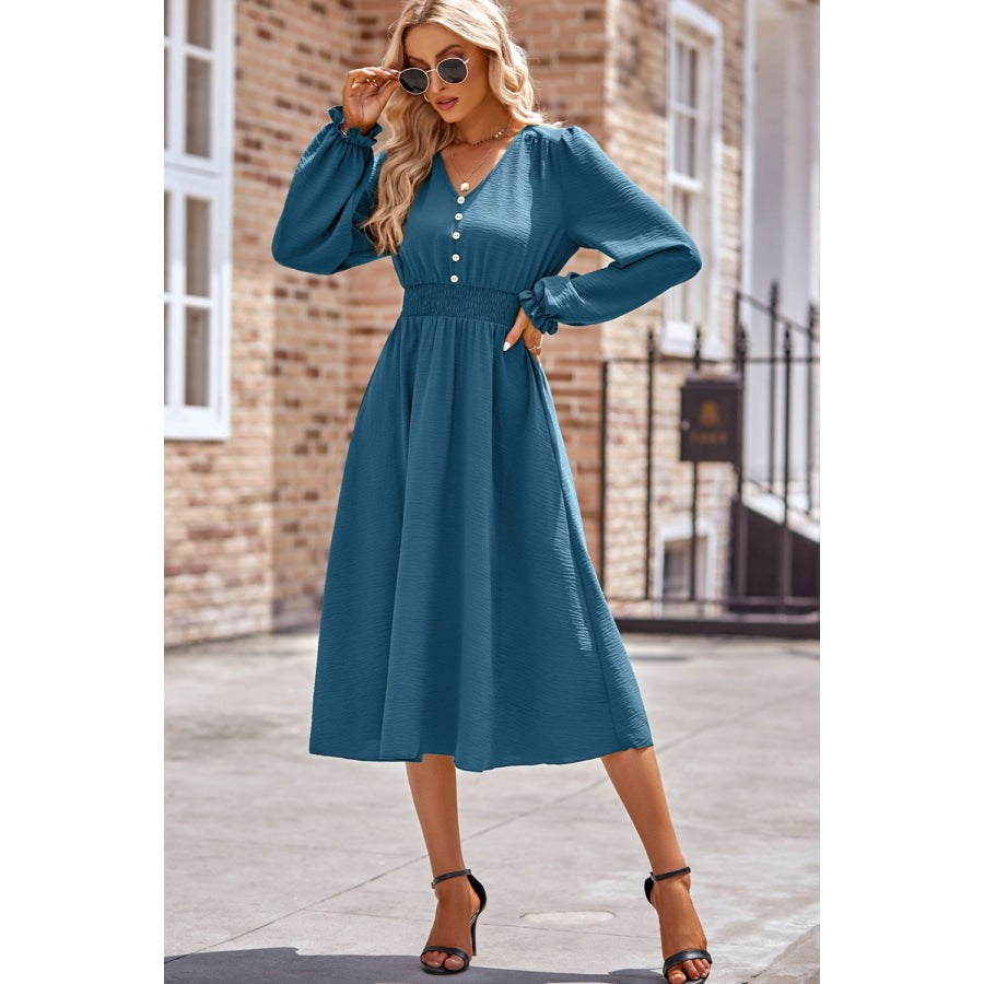 Smocked V-Neck Flounce Sleeve Midi Dress Apparel and Accessories