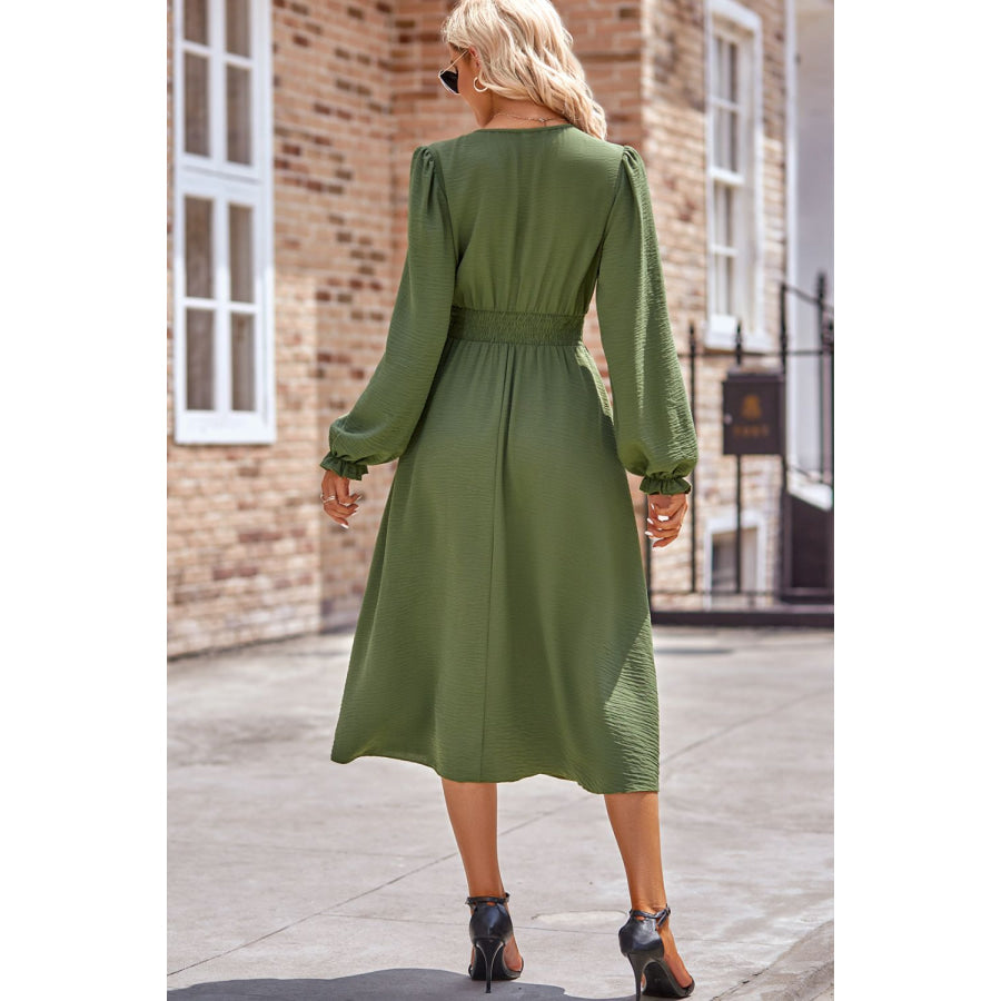 Smocked V-Neck Flounce Sleeve Midi Dress Apparel and Accessories