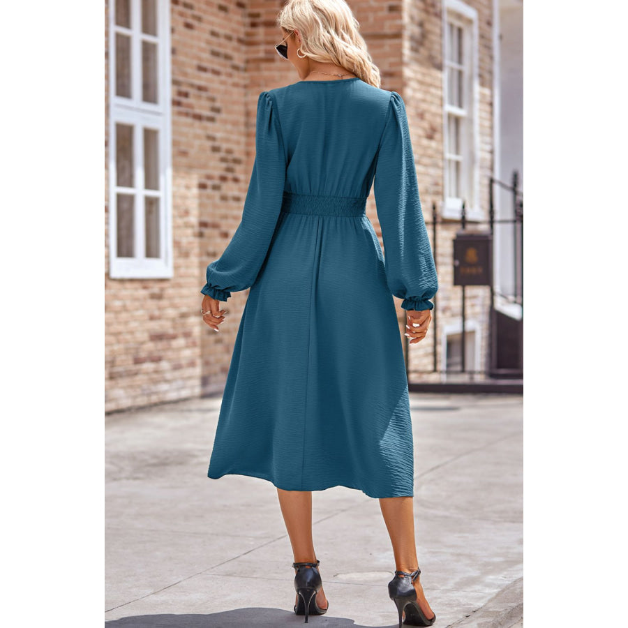 Smocked V-Neck Flounce Sleeve Midi Dress Apparel and Accessories