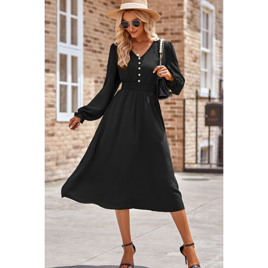 Smocked V-Neck Flounce Sleeve Midi Dress Black / S Apparel and Accessories