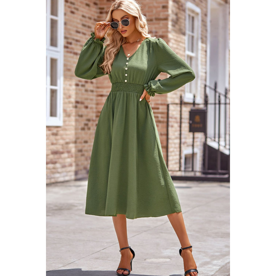 Smocked V-Neck Flounce Sleeve Midi Dress Matcha Green / S Apparel and Accessories