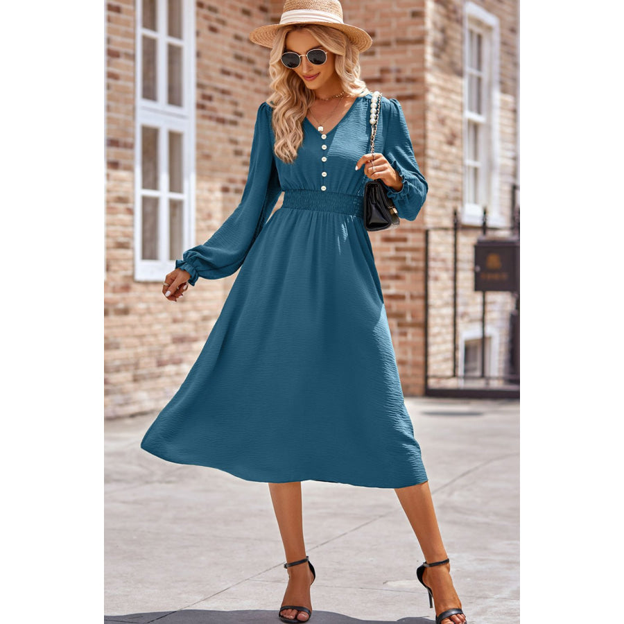 Smocked V-Neck Flounce Sleeve Midi Dress Sky Blue / S Apparel and Accessories