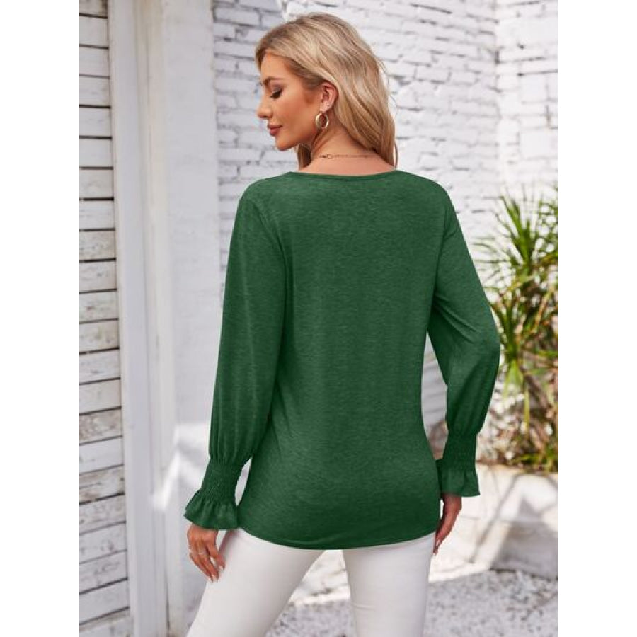 Smocked V - Neck Long Sleeve Blouse Apparel and Accessories