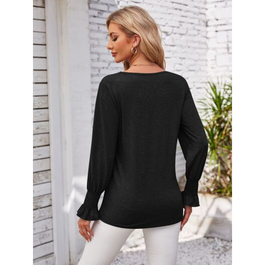 Smocked V - Neck Long Sleeve Blouse Apparel and Accessories