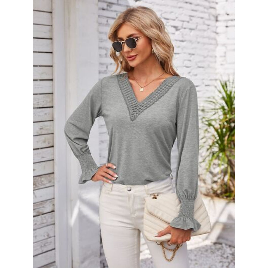 Smocked V - Neck Long Sleeve Blouse Apparel and Accessories