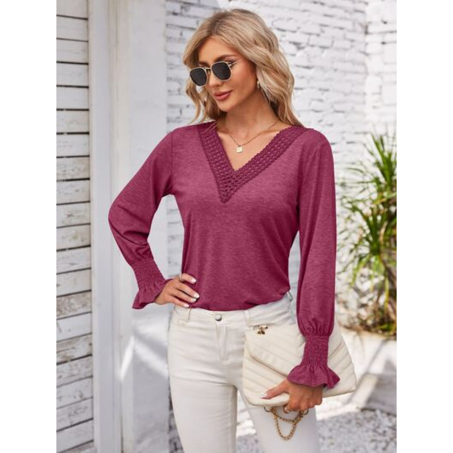 Smocked V - Neck Long Sleeve Blouse Apparel and Accessories