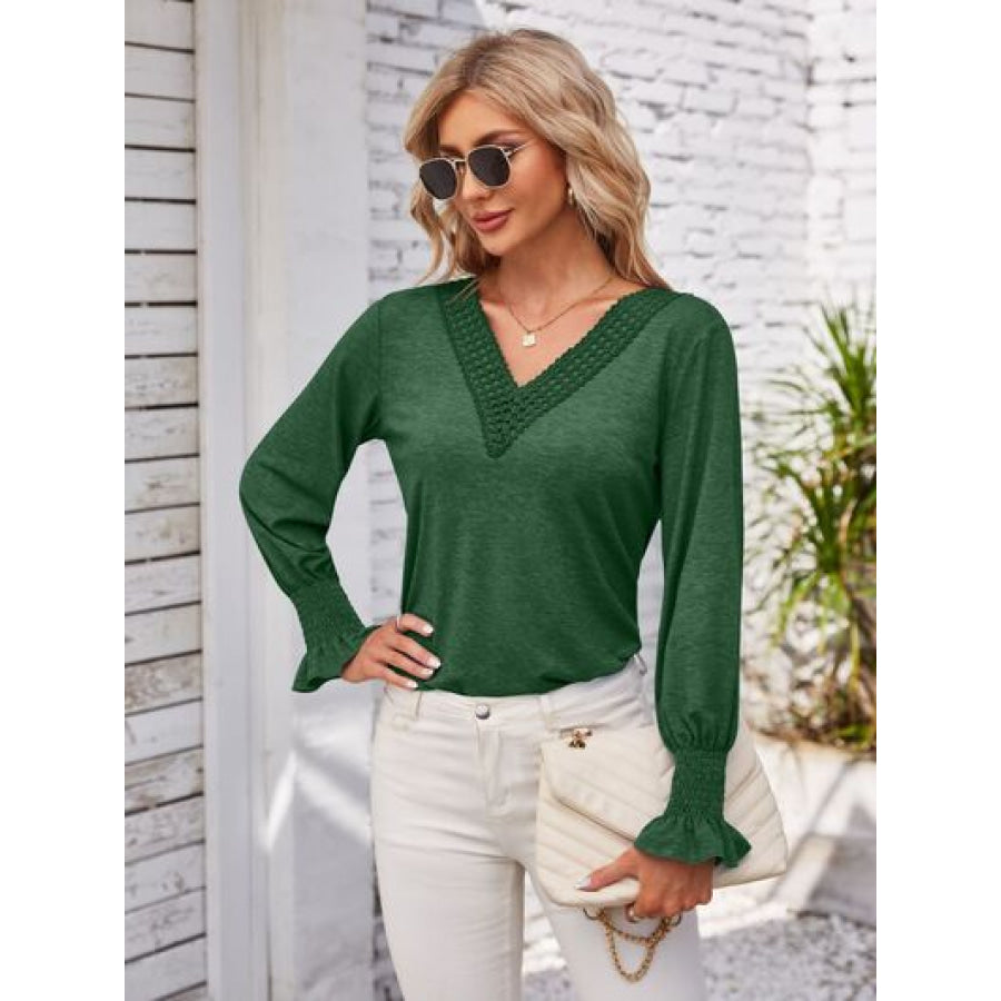 Smocked V - Neck Long Sleeve Blouse Apparel and Accessories