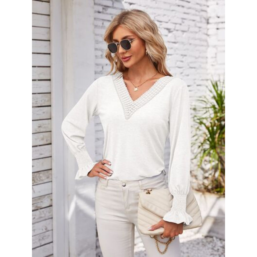 Smocked V - Neck Long Sleeve Blouse Apparel and Accessories