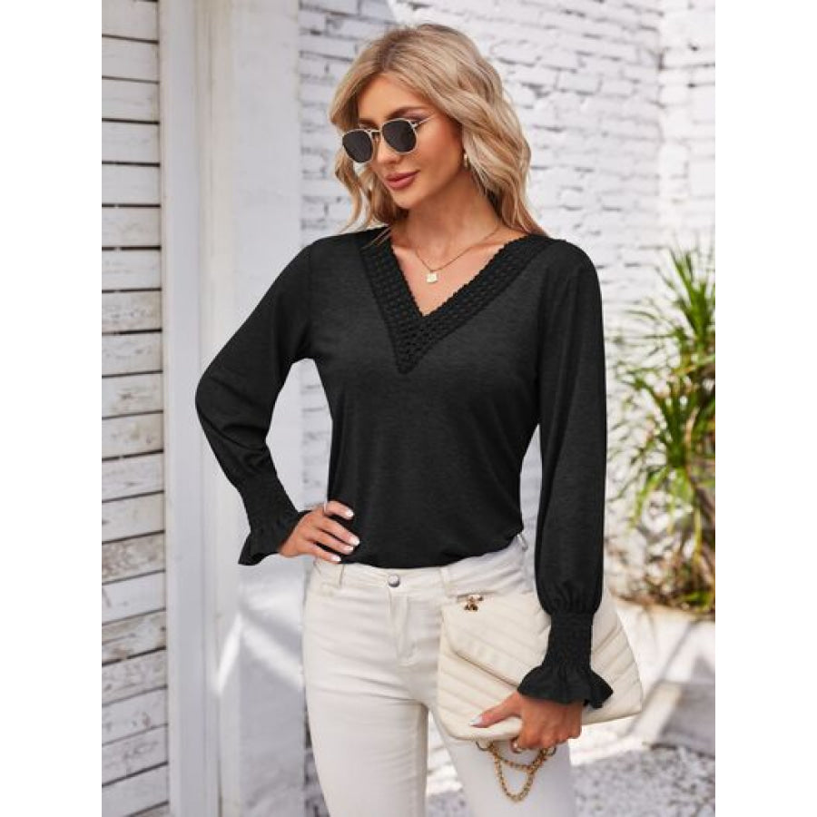 Smocked V - Neck Long Sleeve Blouse Apparel and Accessories