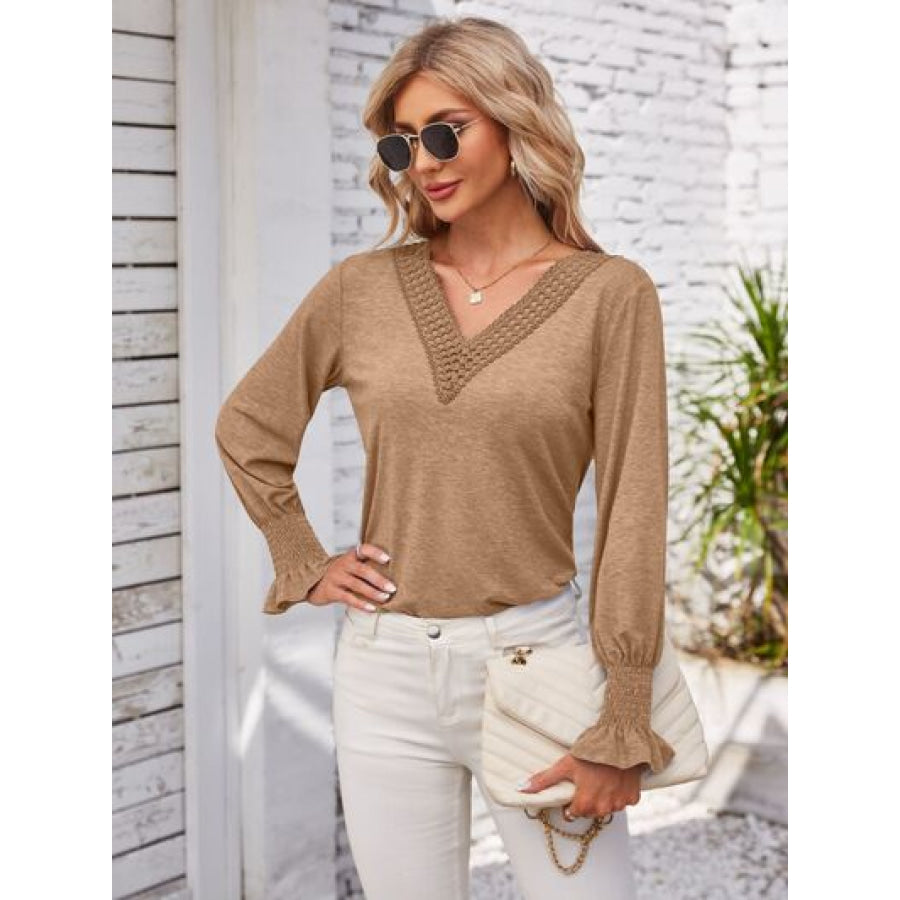 Smocked V - Neck Long Sleeve Blouse Apparel and Accessories