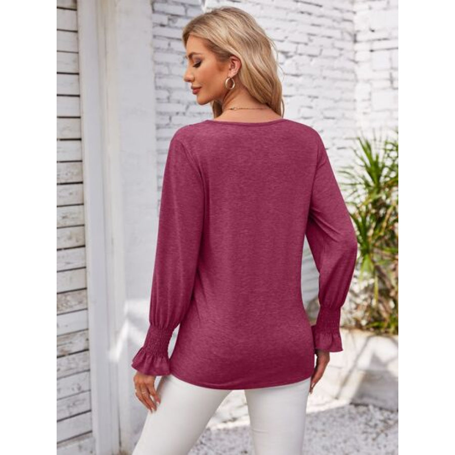 Smocked V - Neck Long Sleeve Blouse Apparel and Accessories