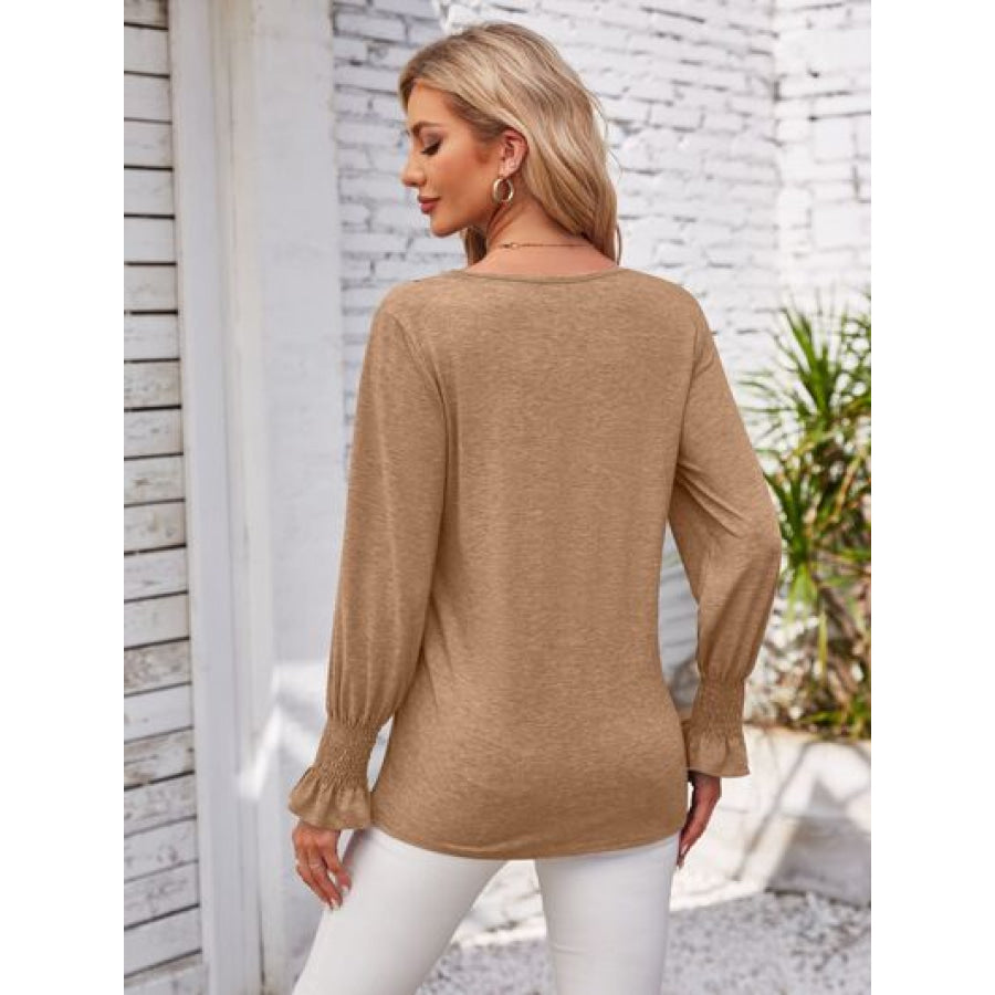 Smocked V - Neck Long Sleeve Blouse Apparel and Accessories