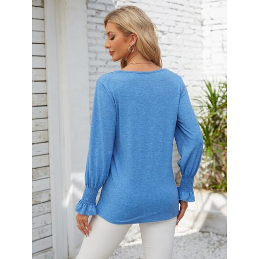 Smocked V - Neck Long Sleeve Blouse Apparel and Accessories