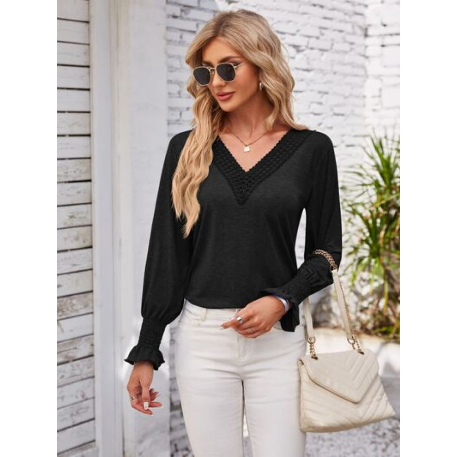 Smocked V - Neck Long Sleeve Blouse Black / S Apparel and Accessories