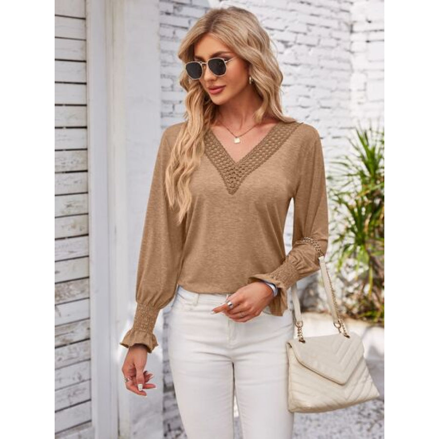 Smocked V - Neck Long Sleeve Blouse Camel / S Apparel and Accessories