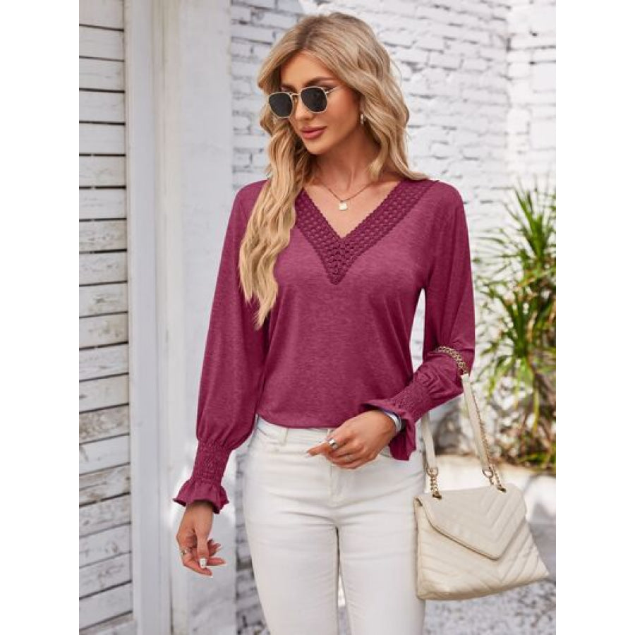 Smocked V - Neck Long Sleeve Blouse Cerise / S Apparel and Accessories