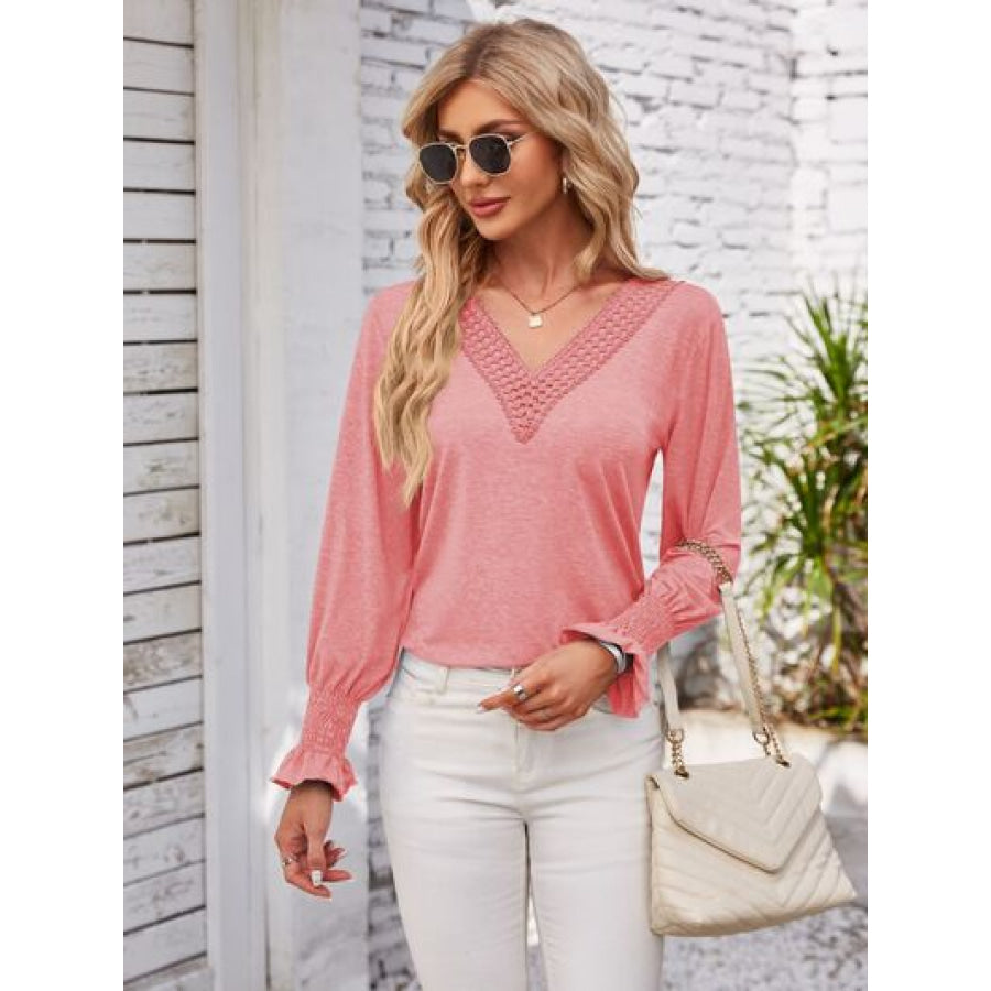 Smocked V - Neck Long Sleeve Blouse Coral / S Apparel and Accessories