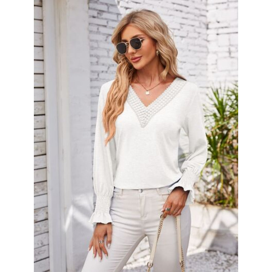 Smocked V - Neck Long Sleeve Blouse White / S Apparel and Accessories