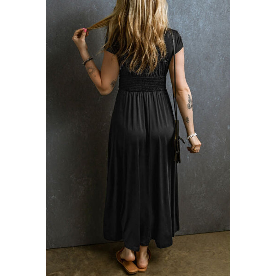 Smocked V - Neck Short Sleeve Dress Black / S Apparel and Accessories