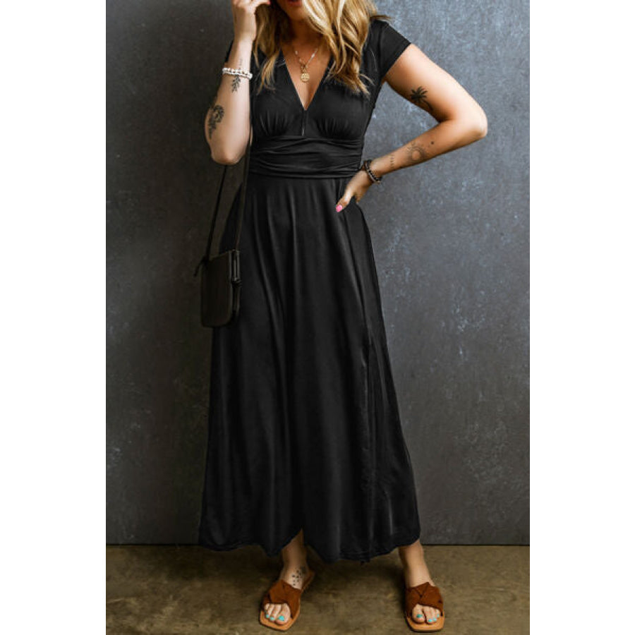 Smocked V - Neck Short Sleeve Dress Black / S Apparel and Accessories