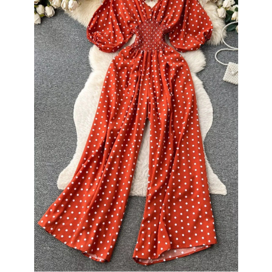 Smocked V-Neck Wide Leg Jumpsuit Apparel and Accessories