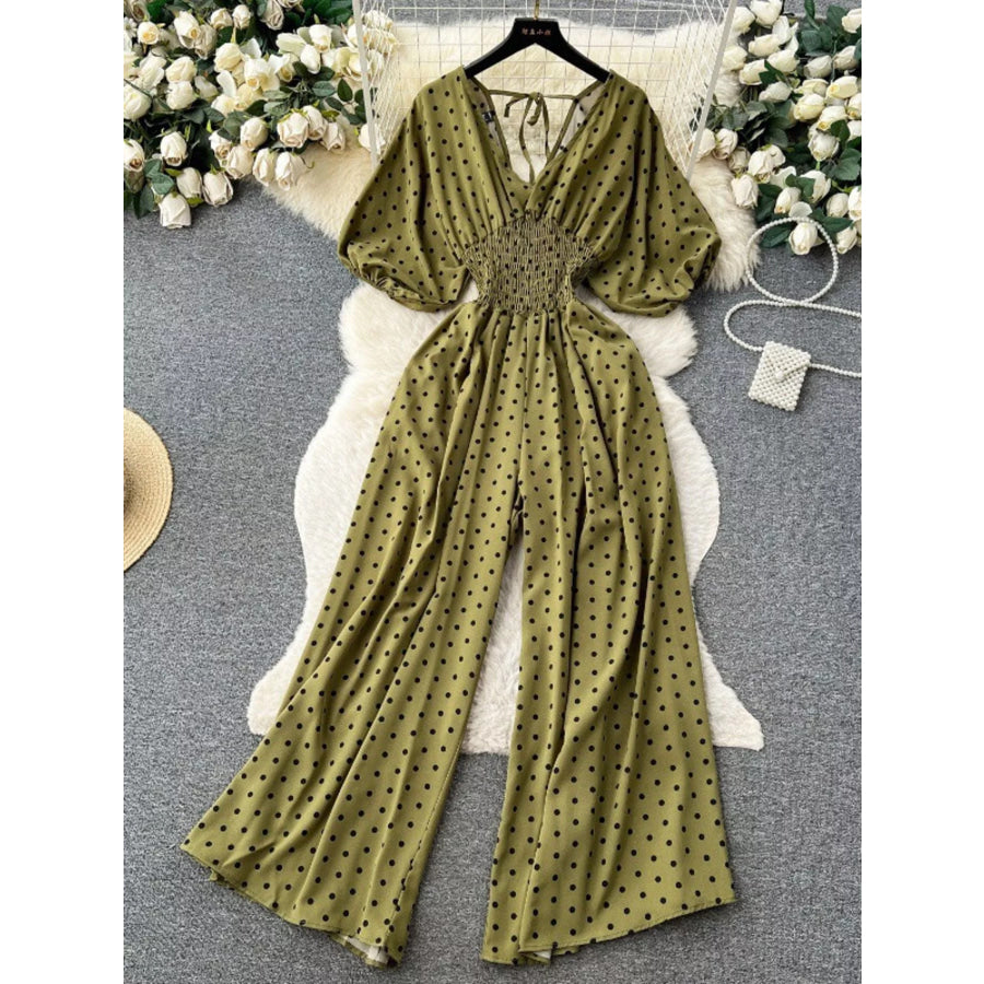 Smocked V-Neck Wide Leg Jumpsuit Army Green / One Size Apparel and Accessories