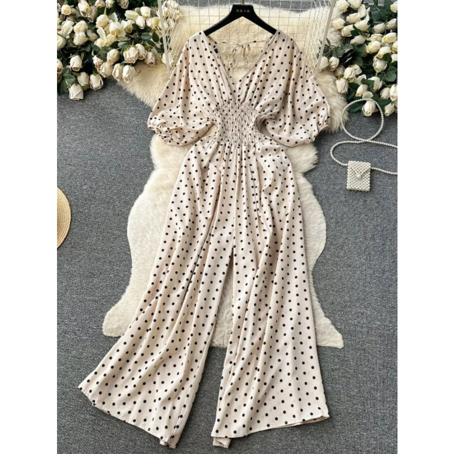 Smocked V-Neck Wide Leg Jumpsuit Beige / One Size Apparel and Accessories