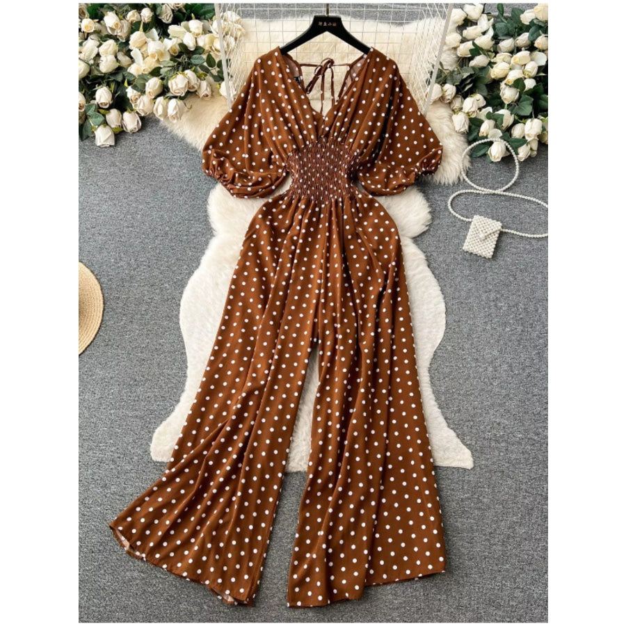 Smocked V-Neck Wide Leg Jumpsuit Caramel / One Size Apparel and Accessories