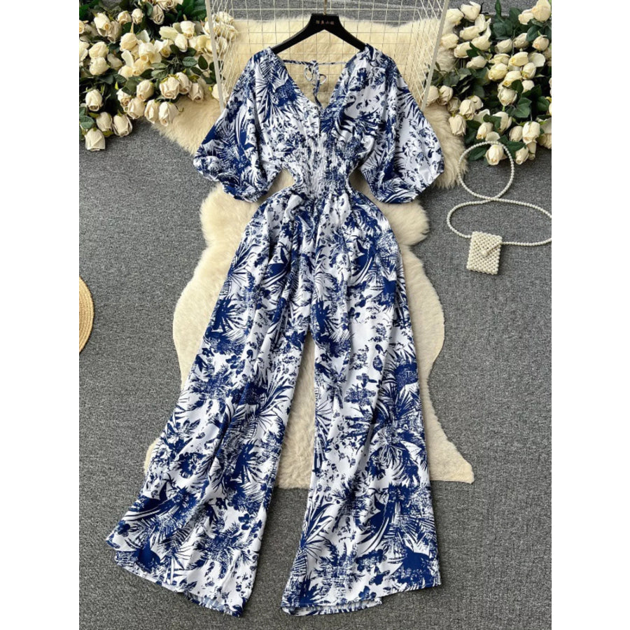 Smocked V-Neck Wide Leg Jumpsuit Dark Blue / One Size Apparel and Accessories