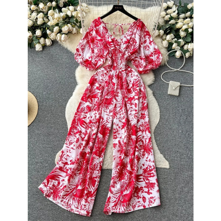 Smocked V-Neck Wide Leg Jumpsuit Hot Pink Floral / One Size Apparel and Accessories