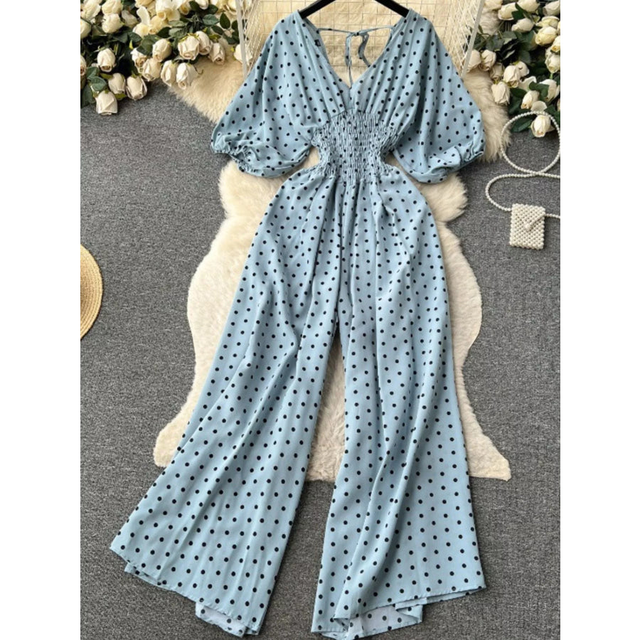 Smocked V-Neck Wide Leg Jumpsuit Light Blue / One Size Apparel and Accessories