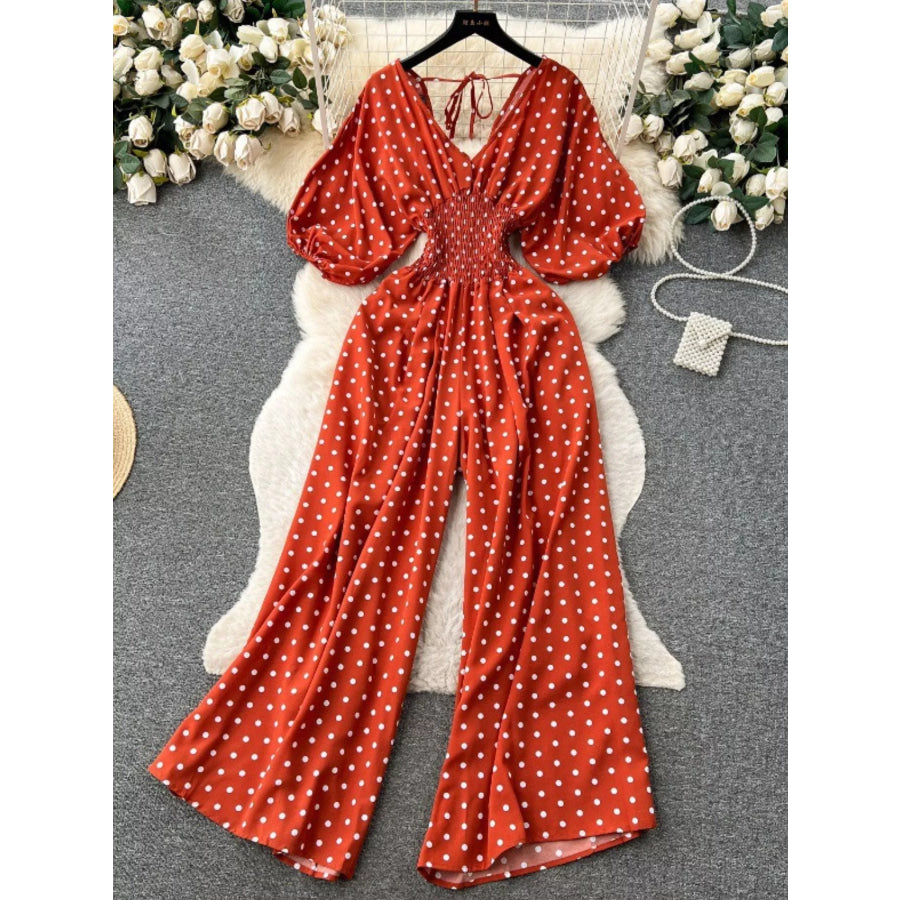 Smocked V-Neck Wide Leg Jumpsuit Scarlet / One Size Apparel and Accessories
