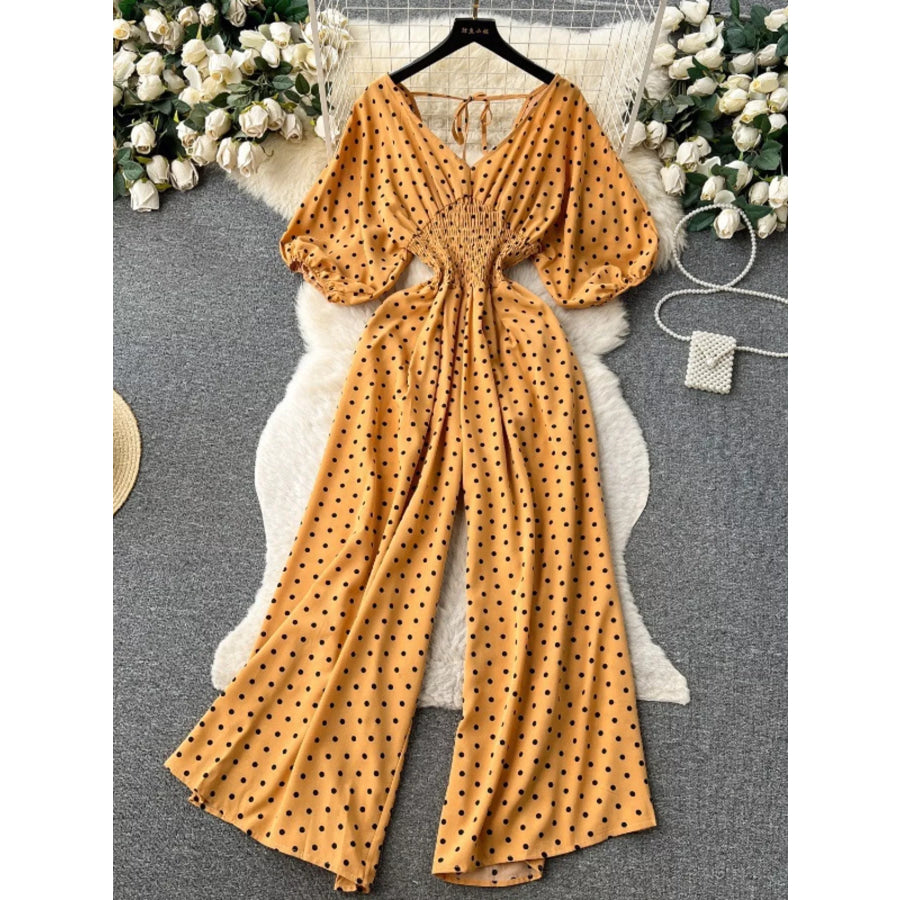 Smocked V-Neck Wide Leg Jumpsuit Sherbet / One Size Apparel and Accessories