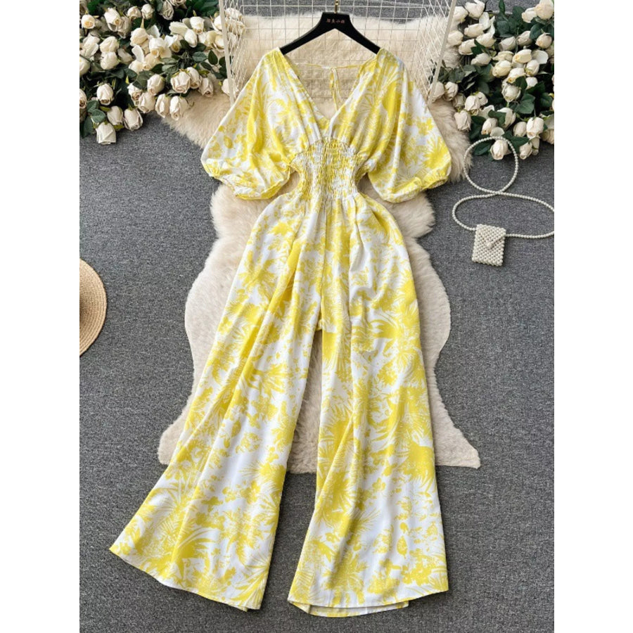 Smocked V-Neck Wide Leg Jumpsuit Yellow / One Size Apparel and Accessories